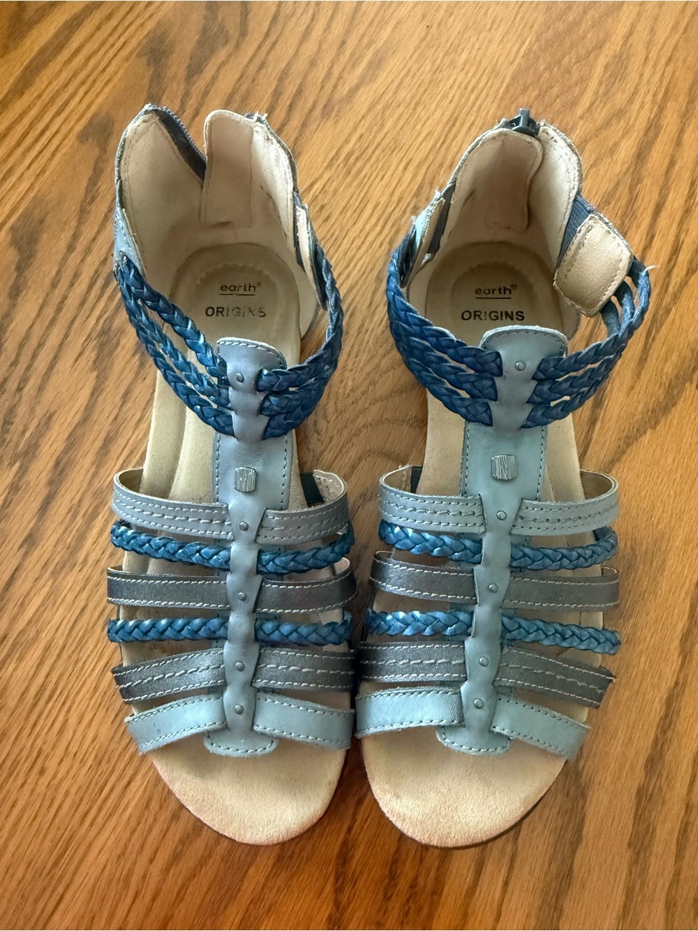 Earth Origins Blue Braided Leather Strappy Sandals